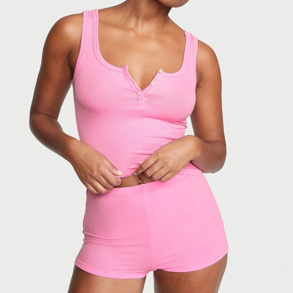 VS XL Ribbed Modal Henley Tank Short Set Pink Pajama PJs P.J.'s So Comfy! NWT - Picture 1 of 4